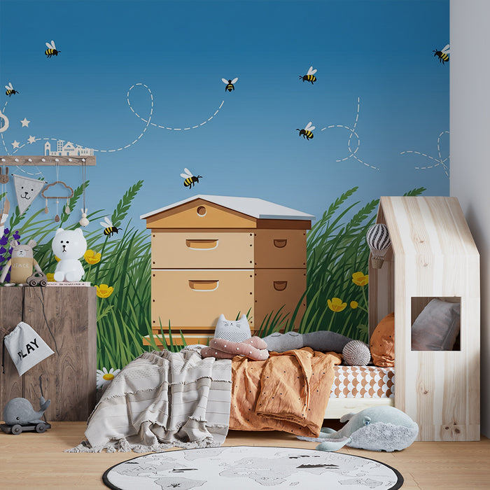 Kinderzimmer-Tapete | Bunte Bienenwiese mit Blumen und Bienen auf sonniger Wiese