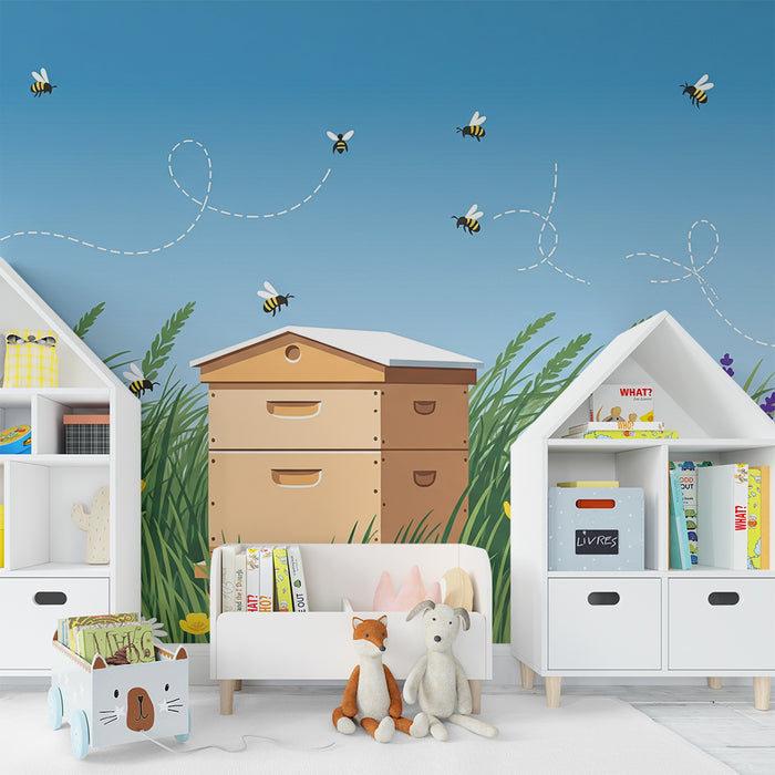 Kinderzimmer-Tapete | Bunte Bienenwiese mit Blumen und Bienen auf sonniger Wiese