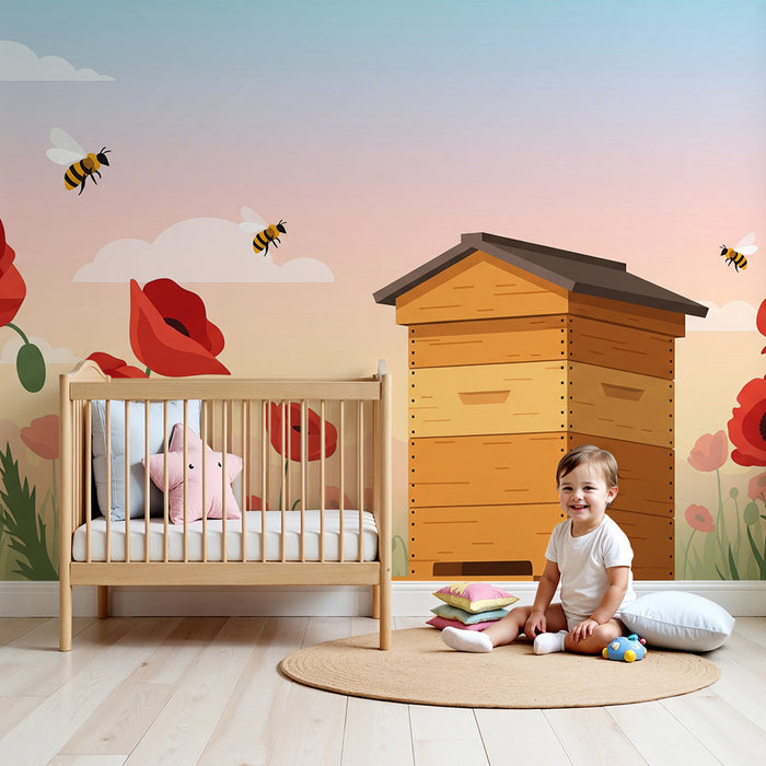 Papier peint chambre enfant | Ruches et coquelicots dans un champ ensoleillé