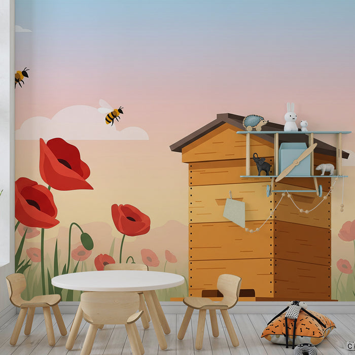 Papier peint chambre enfant | Ruches et coquelicots dans un champ ensoleillé