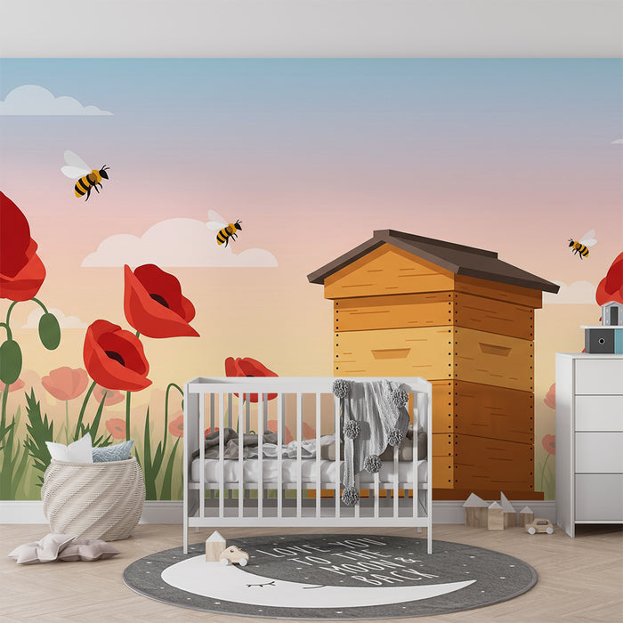 Papier peint chambre enfant | Ruches et coquelicots dans un champ ensoleillé
