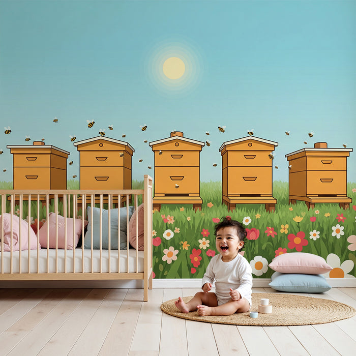 Papel de parede para quarto de criança | Abelhas e flores coloridas num campo ensolarado