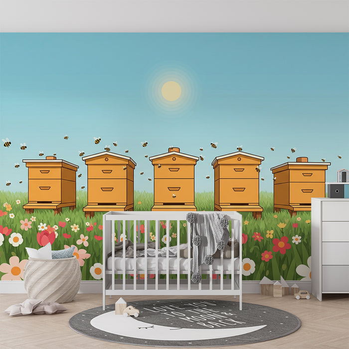 Papel de parede para quarto de criança | Abelhas e flores coloridas num campo ensolarado