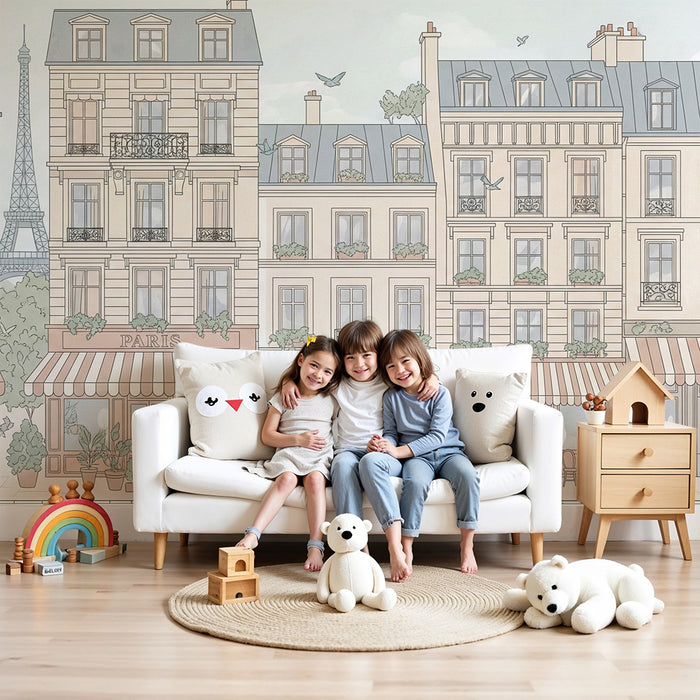 **Barneveggtapet | Parisisk gate med Eiffeltårnet og sjarmerende kafeer**