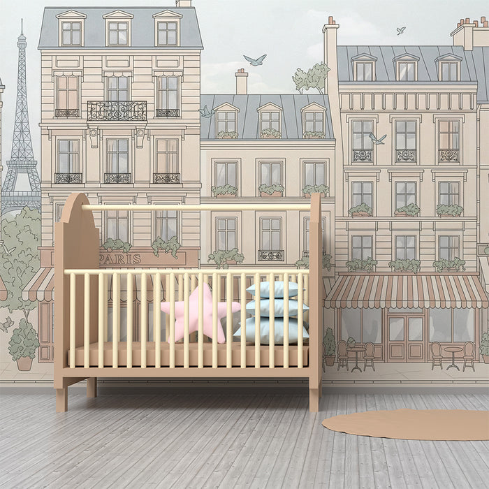 **Barneveggtapet | Parisisk gate med Eiffeltårnet og sjarmerende kafeer**