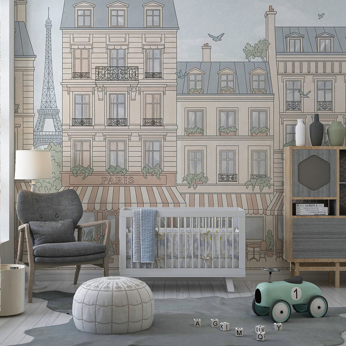 **Barneveggtapet | Parisisk gate med Eiffeltårnet og sjarmerende kafeer**