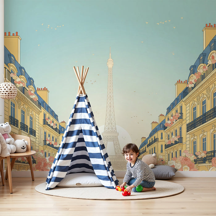Børneværelsestapet | Blomstrende parisisk gade med Eiffeltårnet i baggrunden