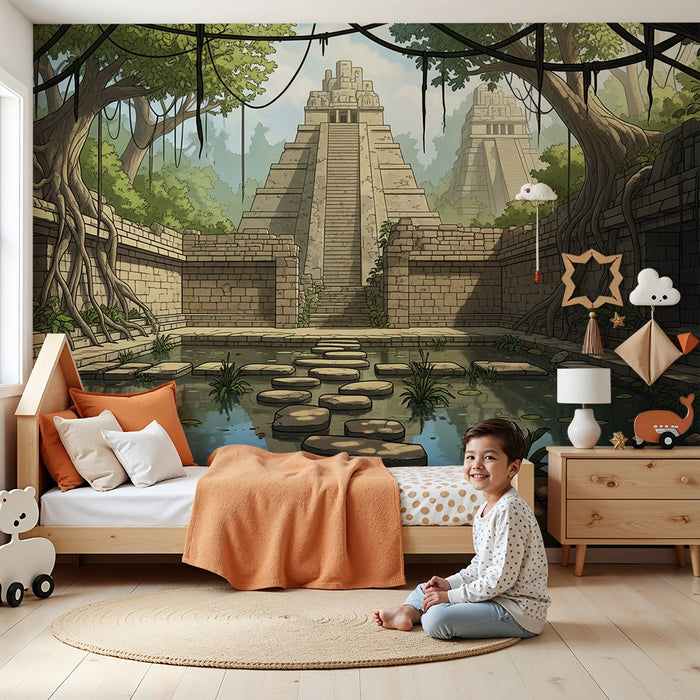 Papel de parede para quarto de criança | Ruínas antigas e selva exuberante