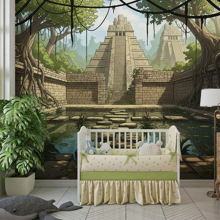 Papel de parede para quarto de criança | Ruínas antigas e selva exuberante