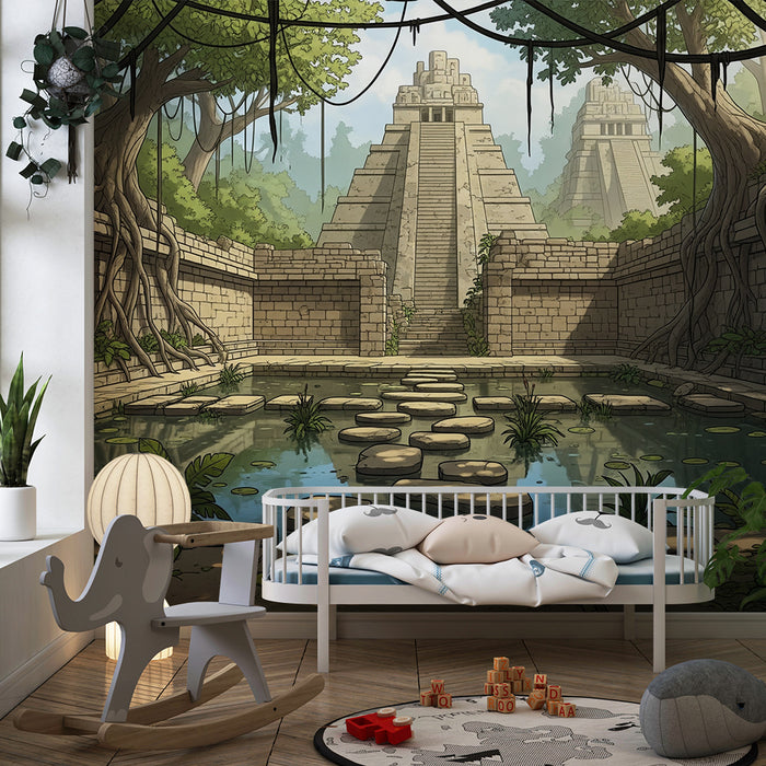 Papel de parede para quarto de criança | Ruínas antigas e selva exuberante