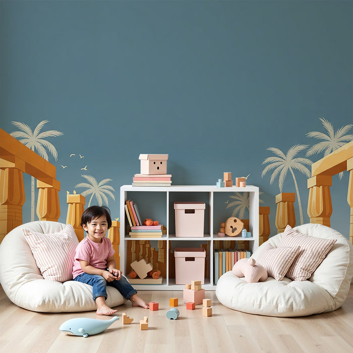 Behang kinderkamer | Egyptische ruïnes met palmbomen en blauwe lucht