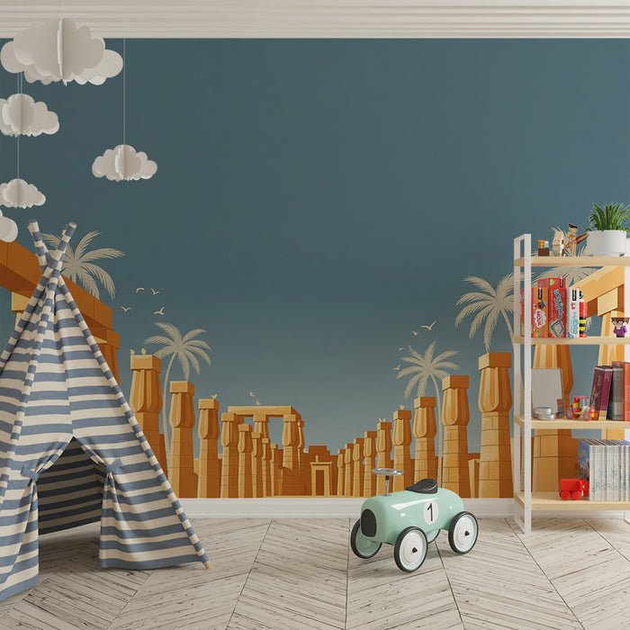 Behang kinderkamer | Egyptische ruïnes met palmbomen en blauwe lucht