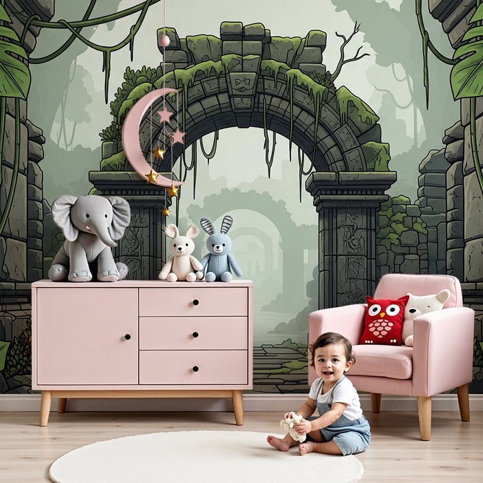 Kinderzimmer-Tapete | Ruinen in dichtem Dschungelgrün
