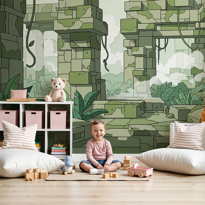 Papier peint chambre enfant | Ruines et lianes entourées de verdure