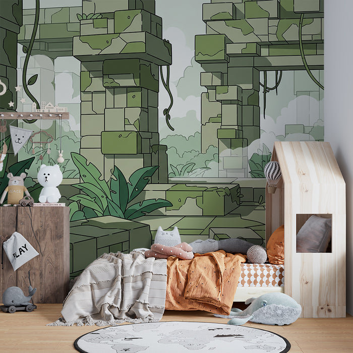 Papier peint chambre enfant | Ruines et lianes entourées de verdure