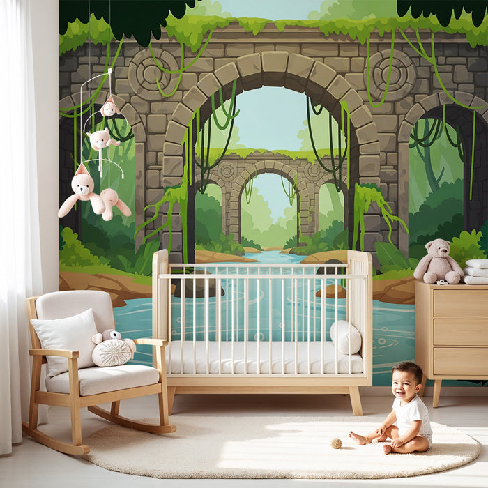 Behang kinderkamer | Maya-ruïnes in het hart van het oerwoud