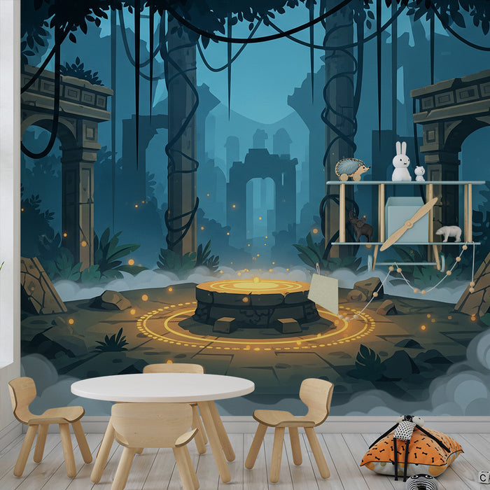 Papel de parede para quarto de criança | Ruínas misteriosas e selva encantada