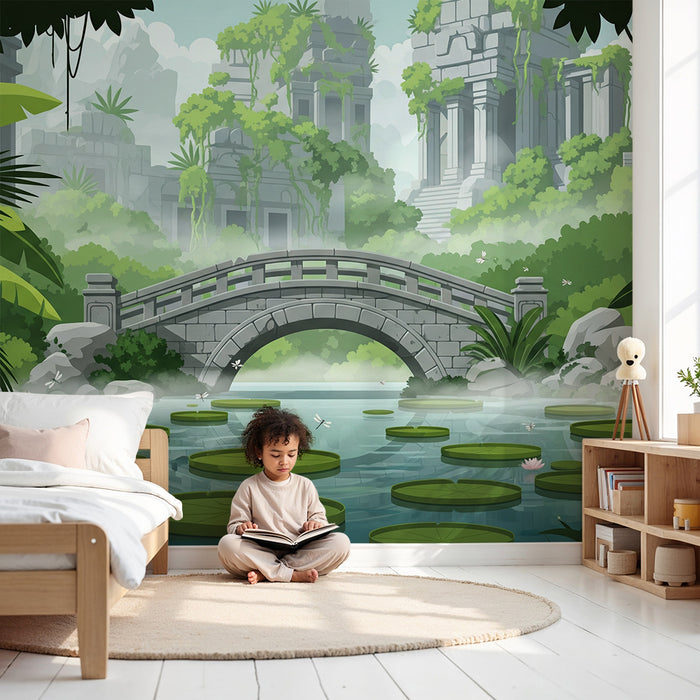 Papel de parede para quarto de criança | Ruínas misteriosas e vegetação luxuriante com uma ponte de pedra