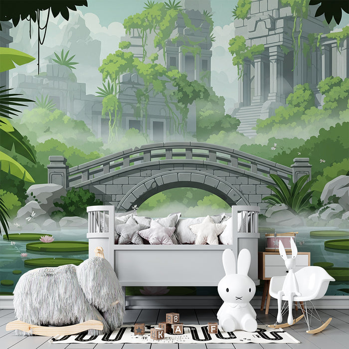 Papel de parede para quarto de criança | Ruínas misteriosas e vegetação luxuriante com uma ponte de pedra