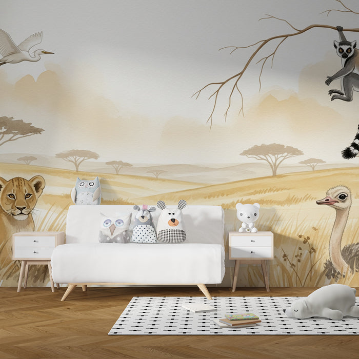 Papier peint chambre enfant | Safari africain avec animaux exotiques