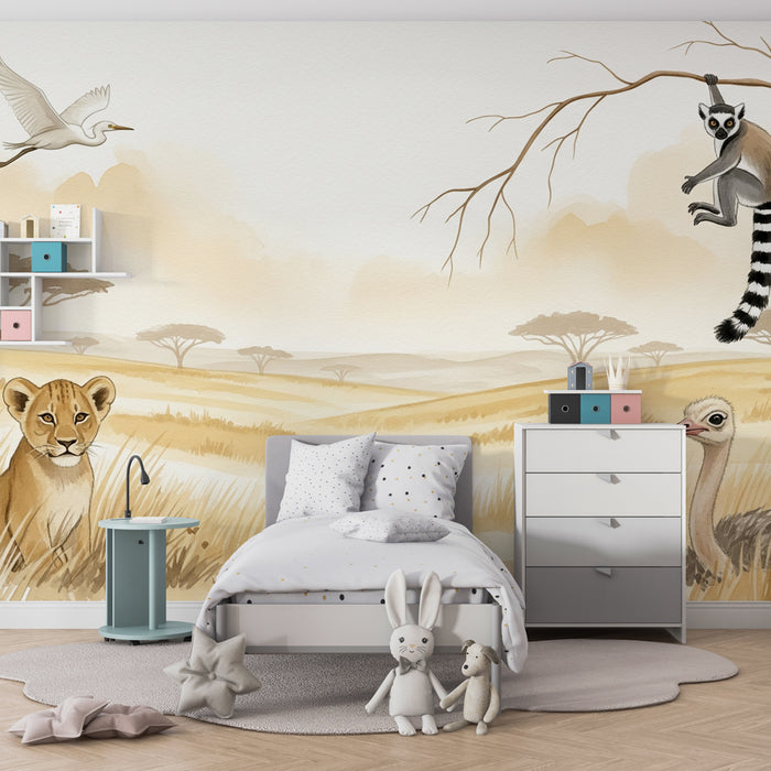 Papier peint chambre enfant | Safari africain avec animaux exotiques