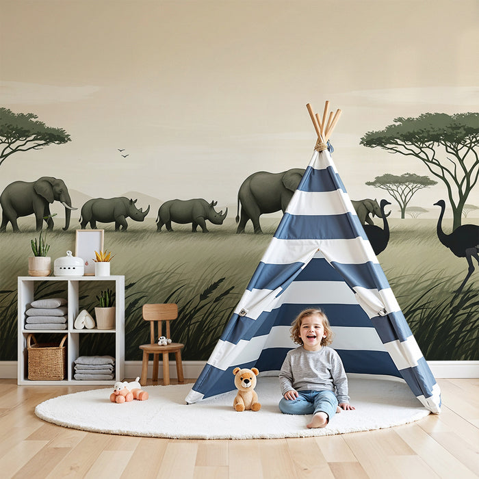 Papel de parede criança | Safari africano com elefantes e avestruzes