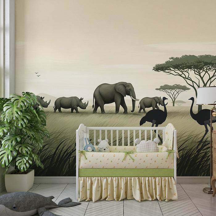Papel de parede criança | Safari africano com elefantes e avestruzes