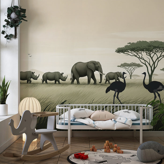 Papel de parede criança | Safari africano com elefantes e avestruzes