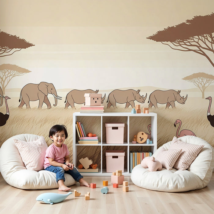 Χαρτί τοιχοποιίας παιδικού δωματίου | Αφρικανικό σαφάρι με ελέφαντες και φλαμίνγκο