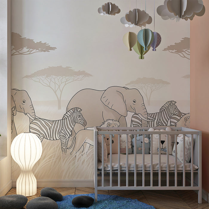 Carta da parati bambini | Safari africano con elefanti e leoni