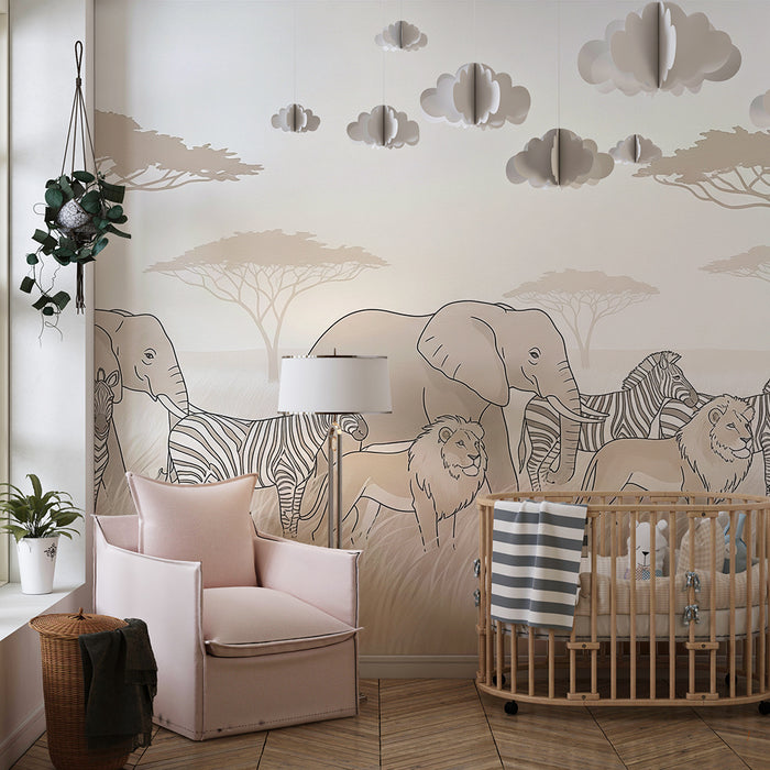 Carta da parati bambini | Safari africano con elefanti e leoni