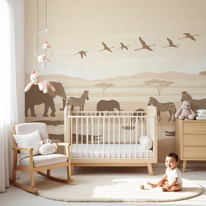 Gyermekszoba tapéta | Afrikai szafari elefántokkal és zebrákkal