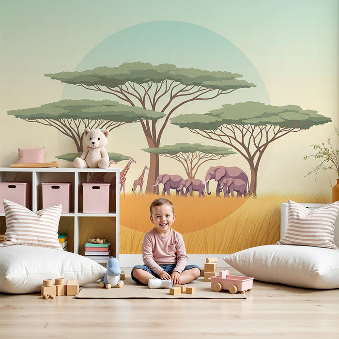 Gyerekszoba tapéta | Afrikai szafari zsiráfokkal és elefántokkal az akáciafa alatt