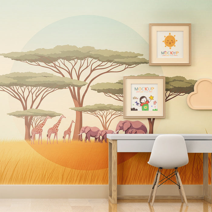 Gyerekszoba tapéta | Afrikai szafari zsiráfokkal és elefántokkal az akáciafa alatt