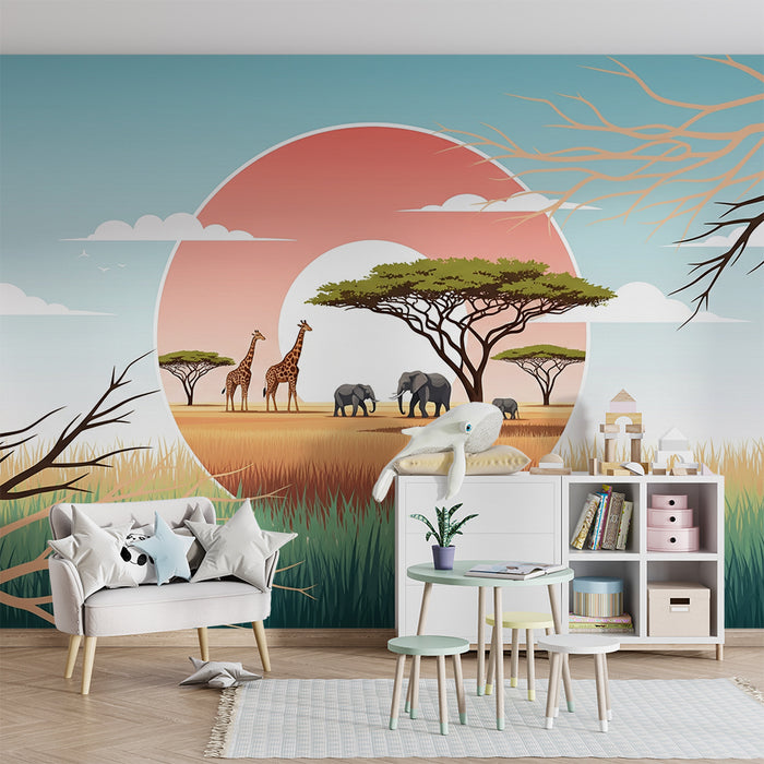 Papier de parede dječje sobe | Afrička safari sa žirafama i slonovima pod pastelnim nebom