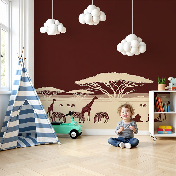 Carta da parati bambini | Safari africano con giraffe e zebre