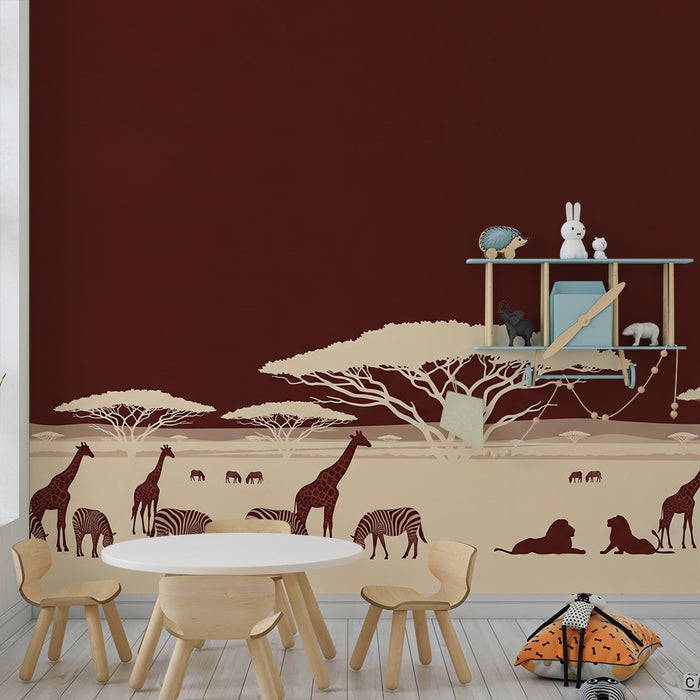 Carta da parati bambini | Safari africano con giraffe e zebre