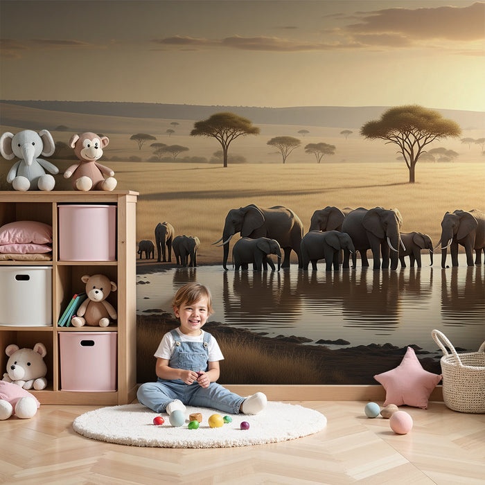 Tapety dla dzieci | Afrykańska safari z lwami i słoniami o zachodzie słońca