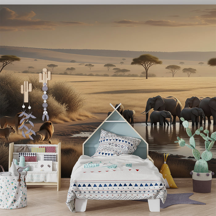 Tapety dla dzieci | Afrykańska safari z lwami i słoniami o zachodzie słońca