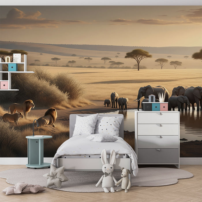 Tapety dla dzieci | Afrykańska safari z lwami i słoniami o zachodzie słońca