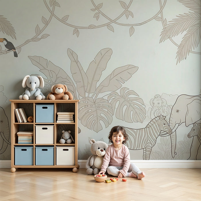 Papier peint chambre enfant | Safari amusant avec animaux de la jungle