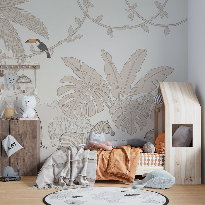 Papier peint chambre enfant | Safari amusant avec animaux de la jungle