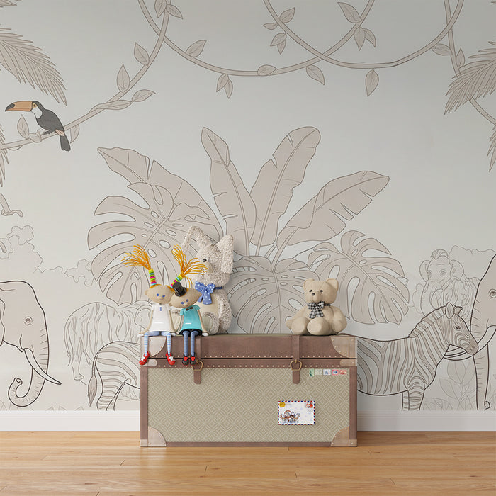 Papier peint chambre enfant | Safari amusant avec animaux de la jungle
