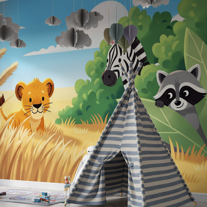 Papel pintado infantil | Safari divertido con león, cebra y mapache