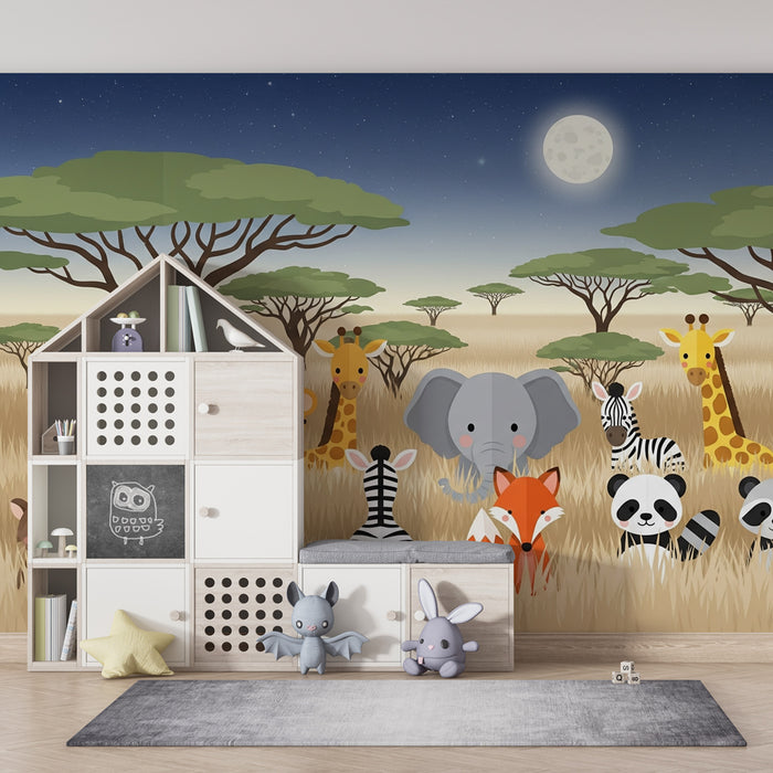 Papier peint chambre enfant | Safari animalier joyeux