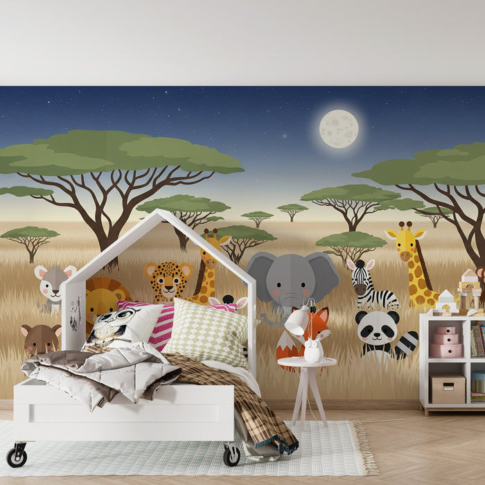Papier peint chambre enfant | Safari animalier joyeux