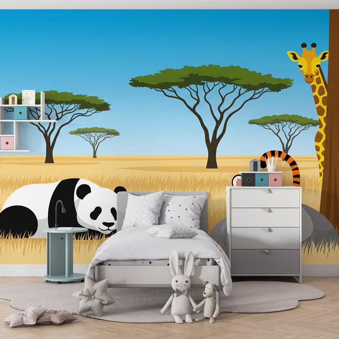 Papel pintado infantil | Safari animado con panda, tigre y jirafa