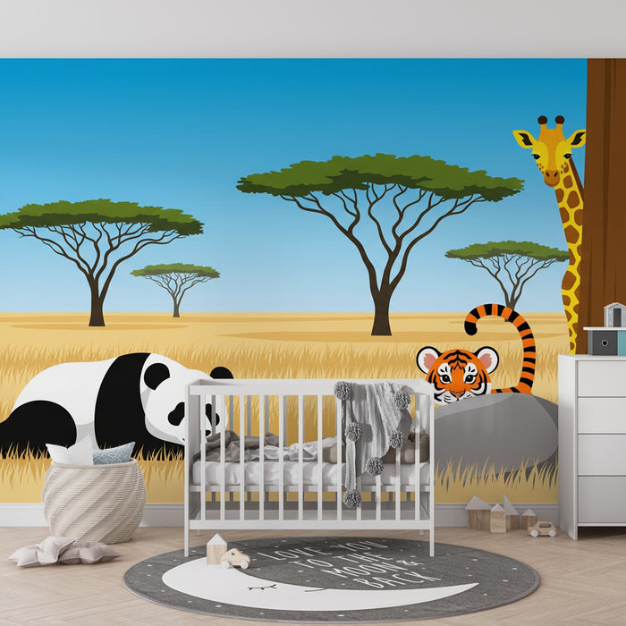 Papel pintado infantil | Safari animado con panda, tigre y jirafa