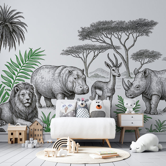 Papier peint chambre enfant | Safari au coeur de la savane