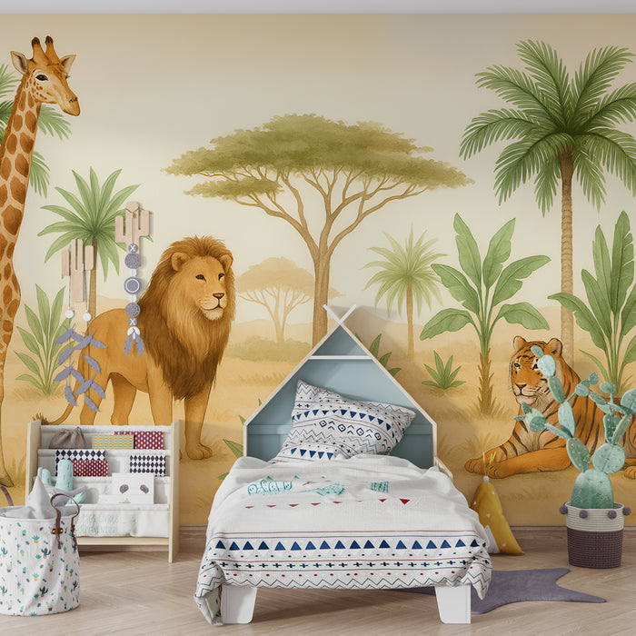 Papier peint chambre enfant | Safari avec animaux majestueux